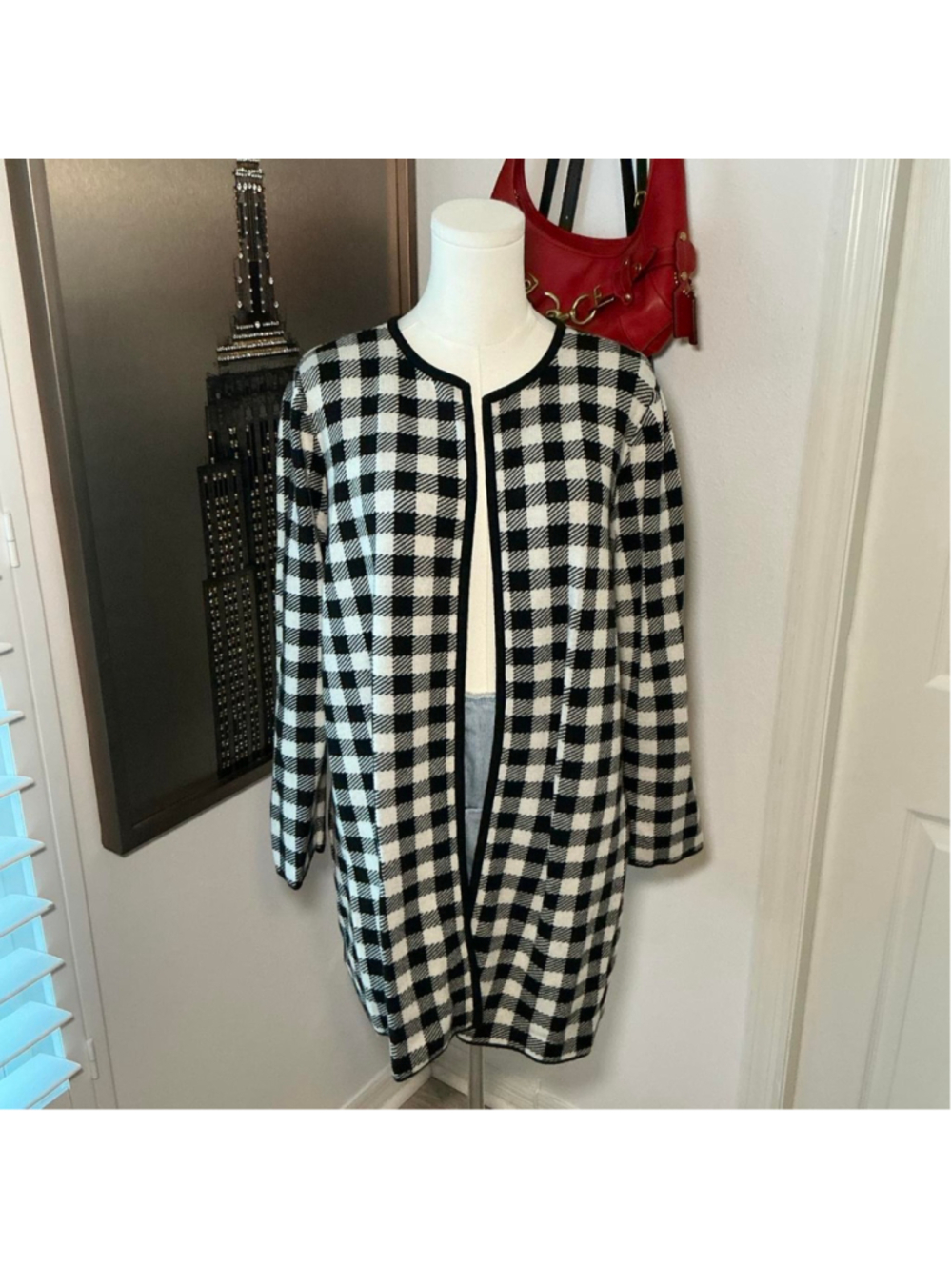Talbots Plus 1X Black White Buffalo Plaid Open Front Cardigan